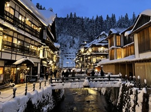 Snow falls in Ginzan Onsen in Yamagata Pref.